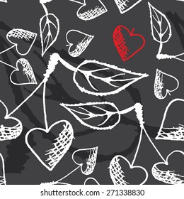 Hand drawn cherry hearts seamless pattern, chalkboard drawing background, cute design for textile, wallpaper, covers, surfaces, fabric, etc