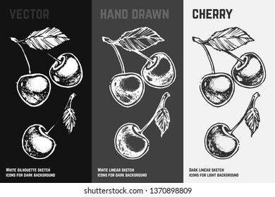 Hand drawn cherry icons set isolated on white, gray and black chalk background. Sketch of fruits for packaging and menu design. Vintage vector illustration.