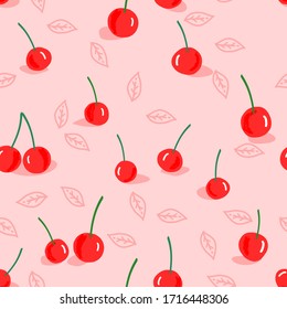Hand drawn cherry and leaves seamless on pink background vector illustration. Cute cartoon fruit pattern.