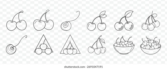 Hand drawn cherry line art set fresh fruit outline drawing collection