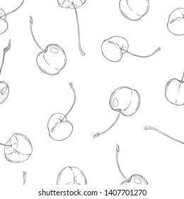 Hand drawn cherry on white background. Vector  seamless pattern