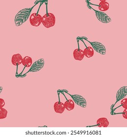 Hand drawn cherry Patterns. Fruit Print Design, Sweet Cherry Prints. Seamless Patter Design. summer fruit design. cherry background, t shirt, sweatshirt, girls, women's design