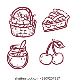 Hand Drawn Cherry Pie Slice and Fresh Berry Basket Line Art