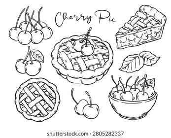 Hand drawn cherry pie, slices, and fresh cherries outline vector.