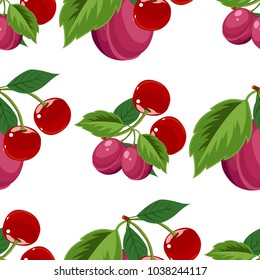 Hand drawn cherry and plum seamless pattern on white background, vector illustration