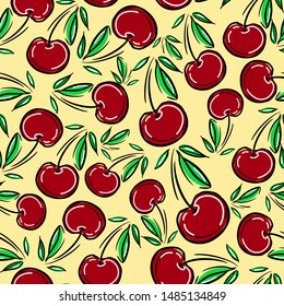 Hand drawn Cherry print and pattern seamless.  Spring Summer trend textiles. Fruity background. Vector Illustration.