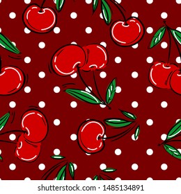 Hand drawn Cherry print and pattern seamless.  Spring Summer trend textiles. Fruity background. Vector Illustration.