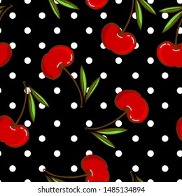 Hand drawn Cherry print and pattern seamless.  Spring Summer trend textiles. Fruity background. Vector Illustration.