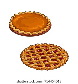 Hand drawn cherry and pumpkin pie, traditional thanksgiving dessert, sketch vector illustration isolated on white background. Sketch style, hand drawn  for Thanksgiving dinner