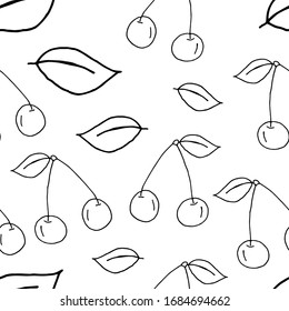 Papel tapiz de fondo de color de la cereza dibujada a mano. Típico patrón sin fisuras con cerezas. Vector sin fisuras con los alimentos. fruta de cerezo con ilustración de fondo de hojas. 