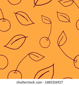 Hand drawn cherry seamless pattern background wallpaper. Cute seamless pattern with cherries. Vector seamless pattern with food. cherry fruit with leaves background illustration. 