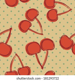 Hand drawn cherry seamless pattern, on polka dot background