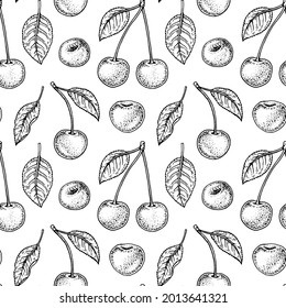 Hand drawn cherry seamless pattern. Vector illustration in sketch style