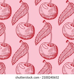 Hand drawn cherry sketch repeating pattern, seamless background, vintage ink illustration. Vector food art.