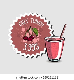 Hand drawn cherry smoothie and sticker with price. Vector illustration