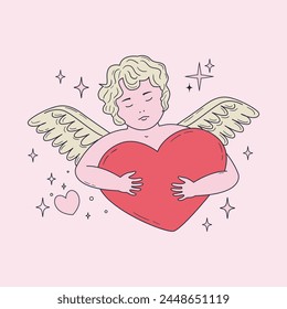 Hand drawn cherub baby holding a big heart. Cute angel in vintage style. Valentine day concept. Outline drawing of cupid for card, sticker, tattoo design