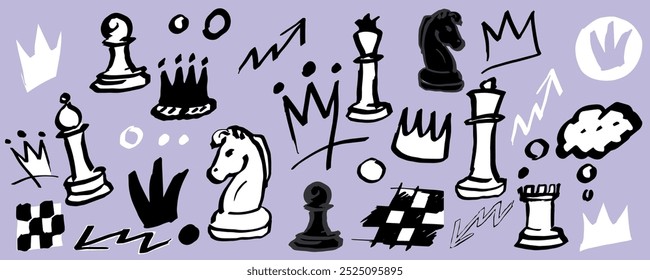 Hand drawn chess, crown and arrows doodle set. vector ink illustration, set of isolated hand, drawn, chess figures. Graphics style board games doodles. Sketch style funky elements