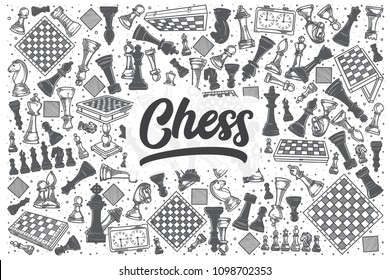 Hand drawn chess doodle set. Lettering - Chess