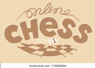 Hand drawn chess lettering on light brown background. Online chess club (school) logo. Monochrome vector. Handwritten cursive text with crown. Queen and pawn pieces as "O" letters. E-learning concept.