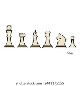 Hand Drawn Chess Pieces Icon Set. King, Queen, Pawn, Horse And Rook Vector Design.