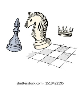 Hand drawn chess pieces - knight, Bishop and crown on the background of the chessboard. Vector illustration.