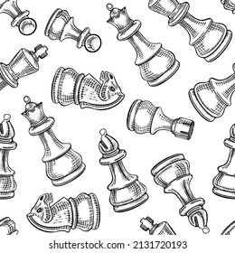 Hand drawn chess pieces seamless pattern. Check mate figures on white background. Vector illustration.