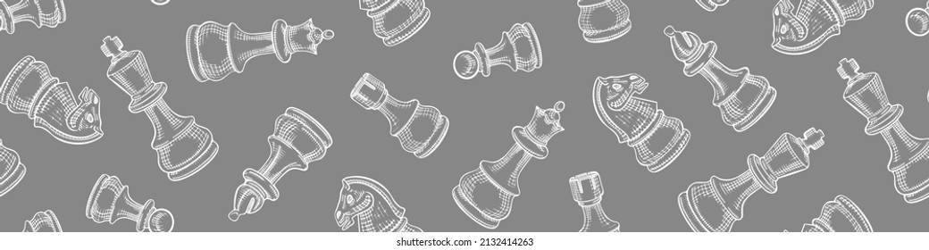 Hand drawn chess pieces seamless pattern. Check mate figures on gray background. Vector illustration.