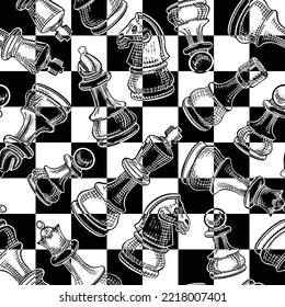 Hand drawn chess pieces seamless pattern. Check mate figures on board. Vector illustration.