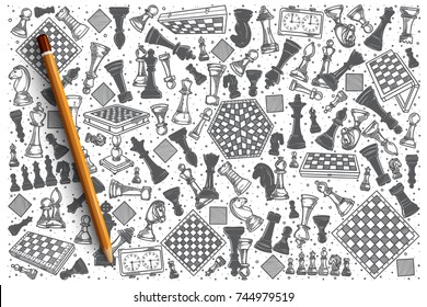 Hand drawn Chess vector doodle set background