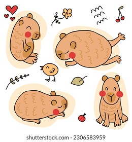 Hand drawn chibi capybara collection in doodle style. Perfect for tee, stickers, poster, card. Isolated vector illustration for decor and design.
