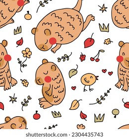 Hand drawn chibi capybaras seamless pattern in doodle style. Perfect kawaii print for tee, paper, textile and fabric. Cute vector illustration for decor and design.
