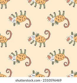 Hand drawn chibi opossum seamless pattern. Perfect print for tee, textile and fabric. Cute vector illustration for decor and design.



