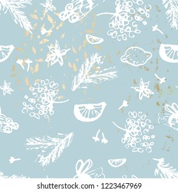 Hand drawn chic winter painting pattern on trendy pastel blush gold marble textured background. Cute vector illustration for packaging, wrapping paper, wallpaper, greeting card, textile, invitations