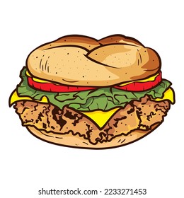 Ilustración del vector de la hamburguesa de pollo dibujado a mano