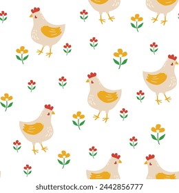 Hand Drawn Сute chicken cartoon character seamless pattern vector illustration