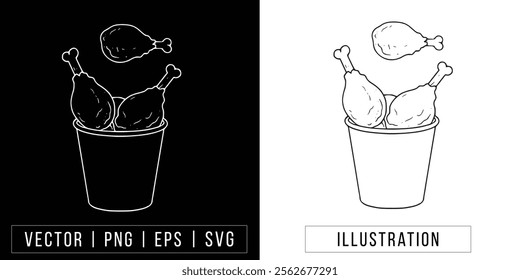 Hand Drawn Chicken Drumsticks in a Bucket | Vector Line Art Illustration for Fast Food Branding