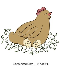Hand drawn chicken with eggs. Broody vector. 