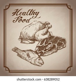 hand drawn chicken fish beef healthy food products