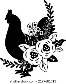 Hand Drawn chicken and flowers illustration isolated on background