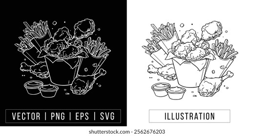 Hand Drawn Chicken and Fries | Vector Line Art Illustration for Fast Food