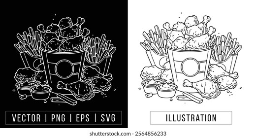 Hand Drawn Chicken and Fries | Vector Line Art Illustration for Fast Food Branding
