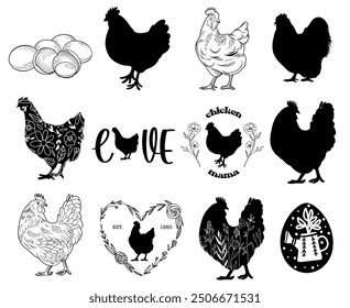 Hand drawn chicken linear illustration set, vector hand drawn isolated line art chicks, eggs and chicken 