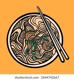 Tigela de macarrão de frango desenhada à mão com ilustração de pauzinhos, mie ayam asiático rua estilo de esboço