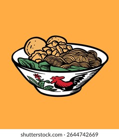 Tigela de macarrão de frango desenhada à mão com ilustração de pauzinhos, mie ayam asiático rua estilo de esboço