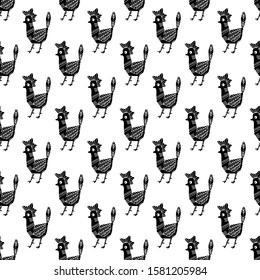 hand drawn chicken pigeon bird seamless pattern