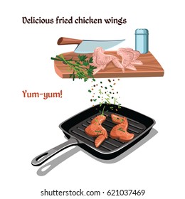 Hand drawn chicken preparation concept with fried wings on pan knife food seasonings and spices vector illustration