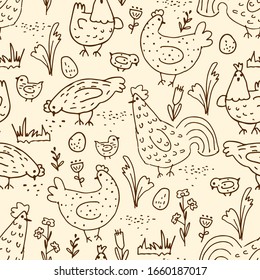 Hand drawn chicken and rooster seamless pattern. Funny cute nature doodles. Rural background. Organic poultry farm. Vector isolated cartoon birds, eggs and floral elements.