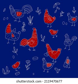 Hand drawn chicken and rooster seamless pattern vector illustration. Funny cute colorful doodles. Rural background. Organic poultry farm.