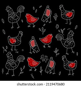 Hand drawn chicken and rooster seamless pattern vector illustration. Funny cute colorful doodles. Rural background. Organic poultry farm.