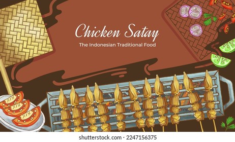 Satay de pollo con mano dibujado sobre el fondo de la comida tradicional indonesia